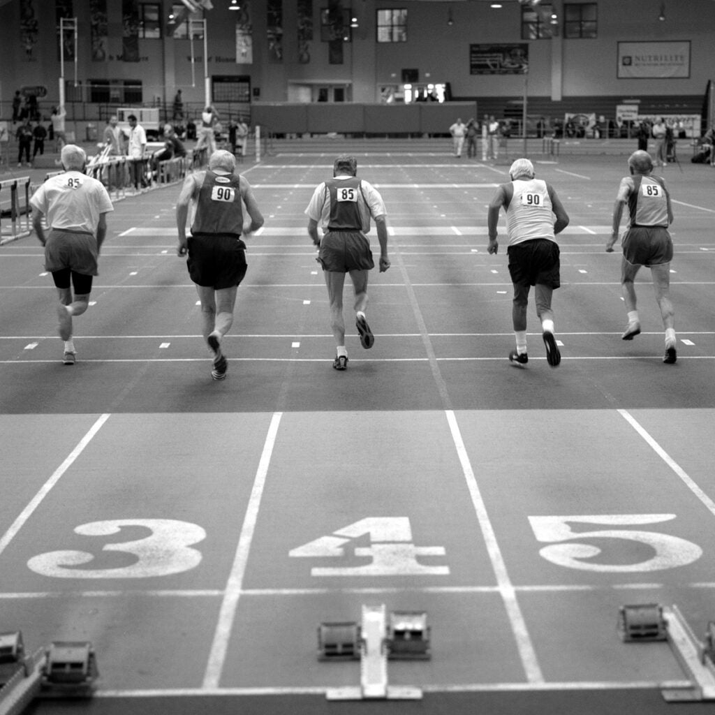55 meter sprinters, 85 and over division.  Boston, Massachusetts. 2008.