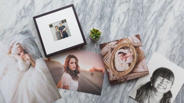 digital photographs on marble countertop