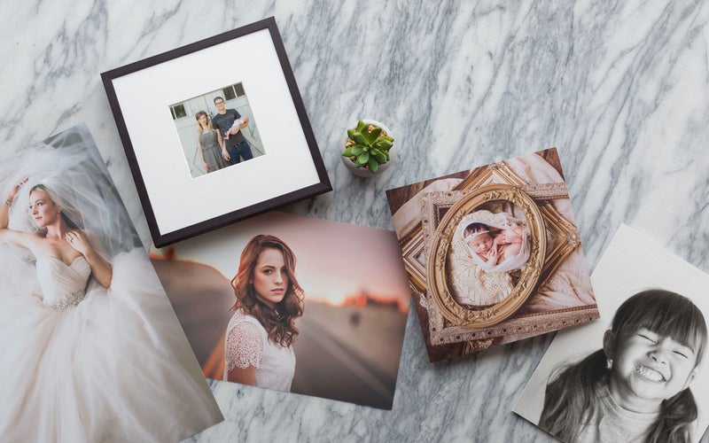 digital photographs on marble countertop