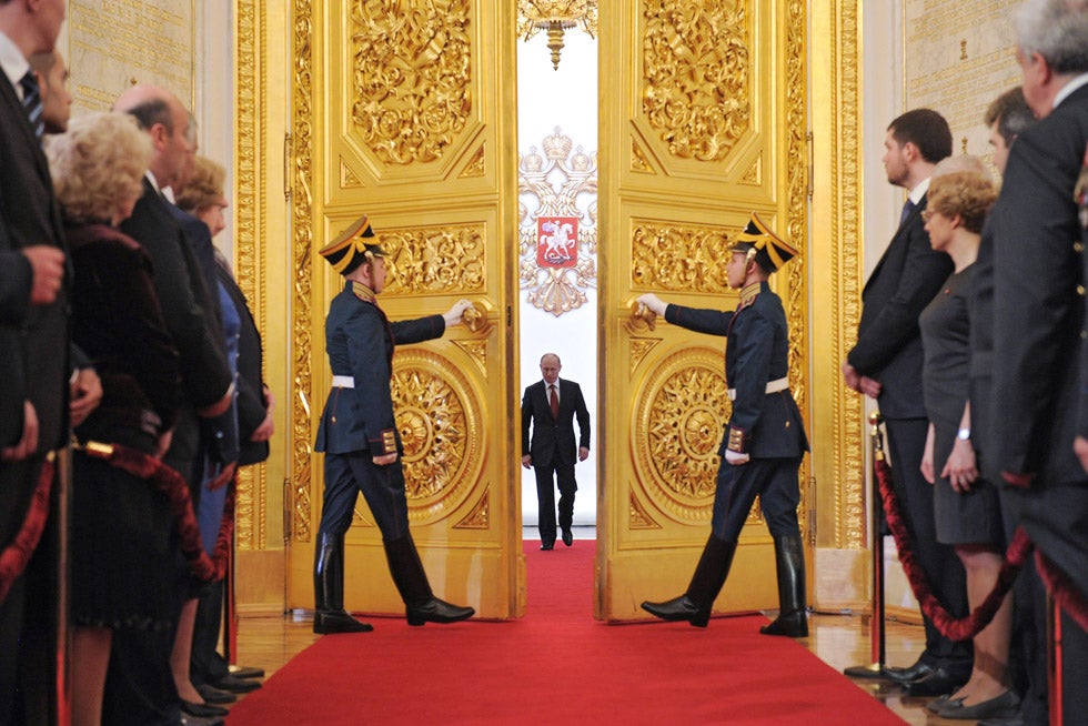 Vladimir Putin makes a grand entrance into his inauguration ceremony at the Kremlin in Moscow. Alexsey Druginyn is a photographer for the Russian International News Agency based in Moscow.
