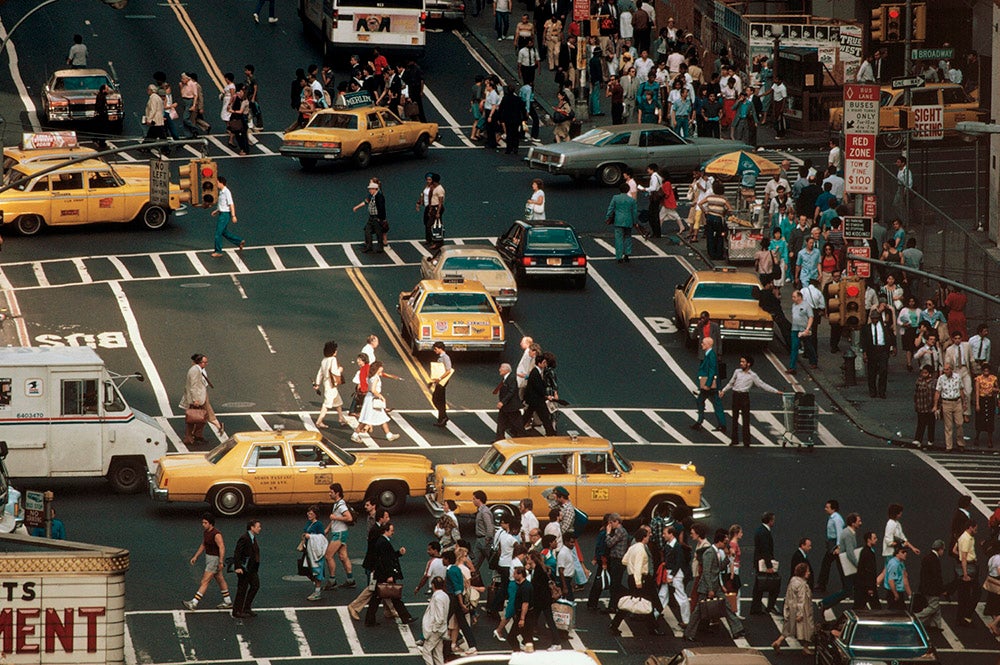 View of Times Square and Broadway at rush hour, 1983.