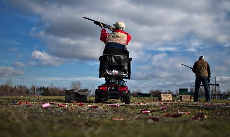 A member of the Vancouver Gun Club takes aim while trap shooting at their facility in Richmond, British Columbia February 10, 2013. Formed in 1924, the shotgun-only club has a regular membership of about 400 and sells an estimated 1100 day passes each year. Canada has very strict laws controlling the use of handguns and violent crime is relatively rare. Picture taken February 10, 2013. REUTERS/Andy Clark (CANADA - Tags: SOCIETY TPX IMAGES OF THE DAY) ATTENTION EDITORS: PICTURE 1 24 FOR PACKAGE 'GUN CULTURE - CANADA' SEARCH 'CANADA GUN' FOR ALL IMAGES - RTXY5Q6
