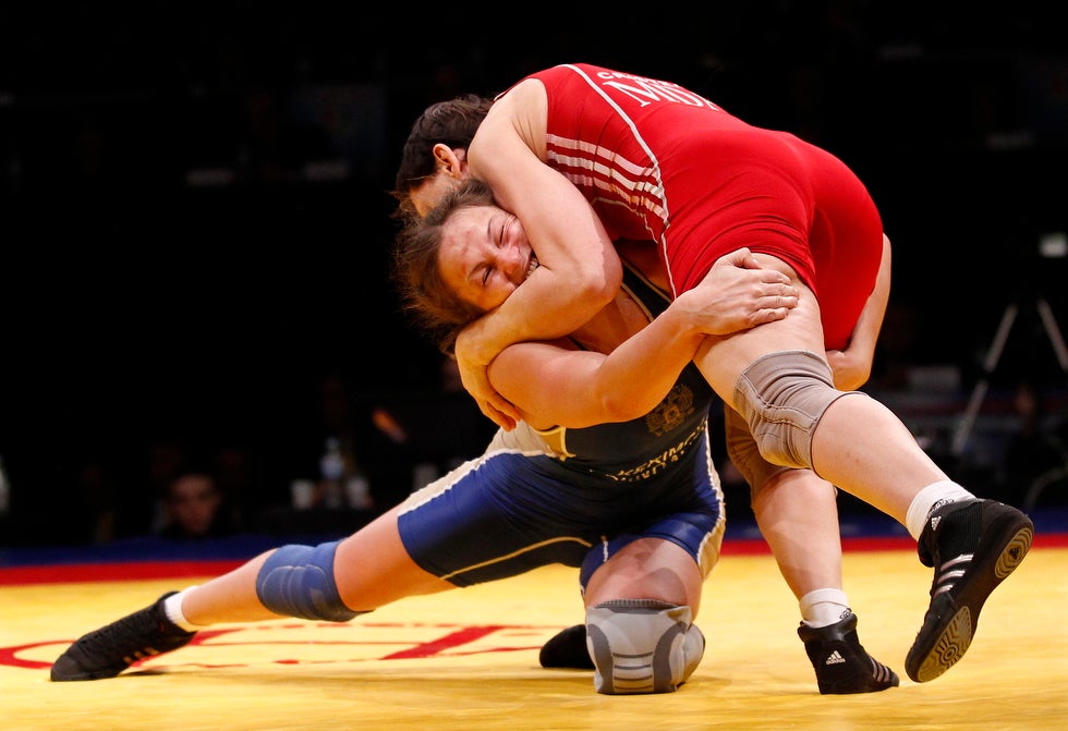 Reuters photographer Ivan Milutinovic covered the Women's European Wrestling Championship in Belgrade this week. Here, Anna Polovneva of Russia (on the left) and Ludmila Cristea of Moldova competed for the women's 59kg bronze medal.