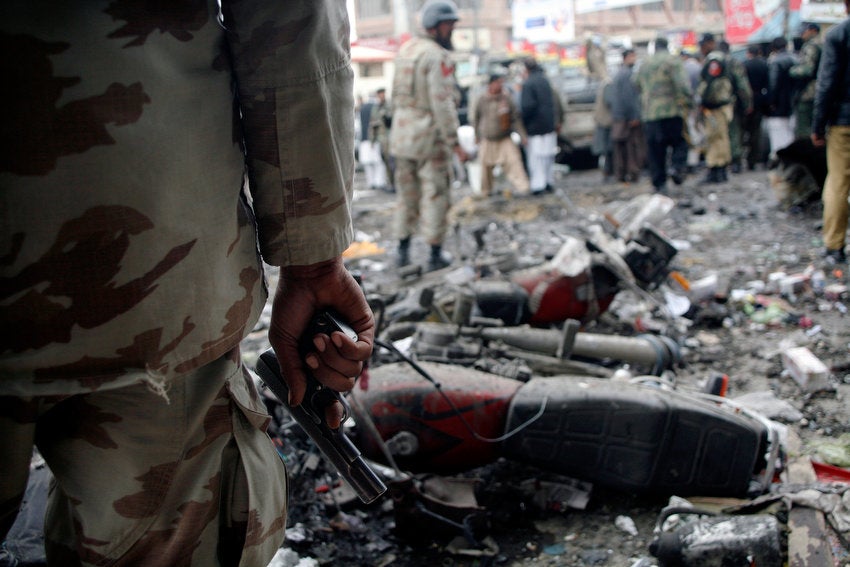 A paramilitary soldier stands guard at the scene of a bomb explosion in Quetta, Pakistan. The bomb exploded in a crowded market, killing 11 and injuring 40. A local militant group claimed responsibility. Naseer Ahmed is a Pakistan-based photojournalist shooting for Reuters.