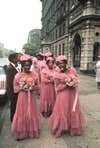 Bridesmaids in front of a church on Park Avenue, New York City, 1983.
