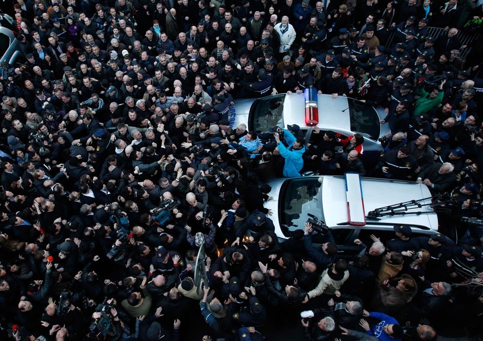 Hundreds of protesters gathered in Tbilisi, the capital of Georgia on Friday, to block President Mikheil Saakashvili from entering the National Library, where he was set to deliver his final annual address to the nation. David Mdzinarishvili is a Reuters photographer based ion Georgia. See more of his work on the <a href="http://blogs.reuters.com/david-mdzinarishvili/">Reuters blog</a>.