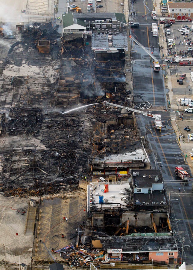 Aerial view of the devastation after a massive fire began near the Funtown Pier in Seaside Park and spread north, wiping out 4 blocks of boardwalk attractions into Seaside Heights. 9/13/2013