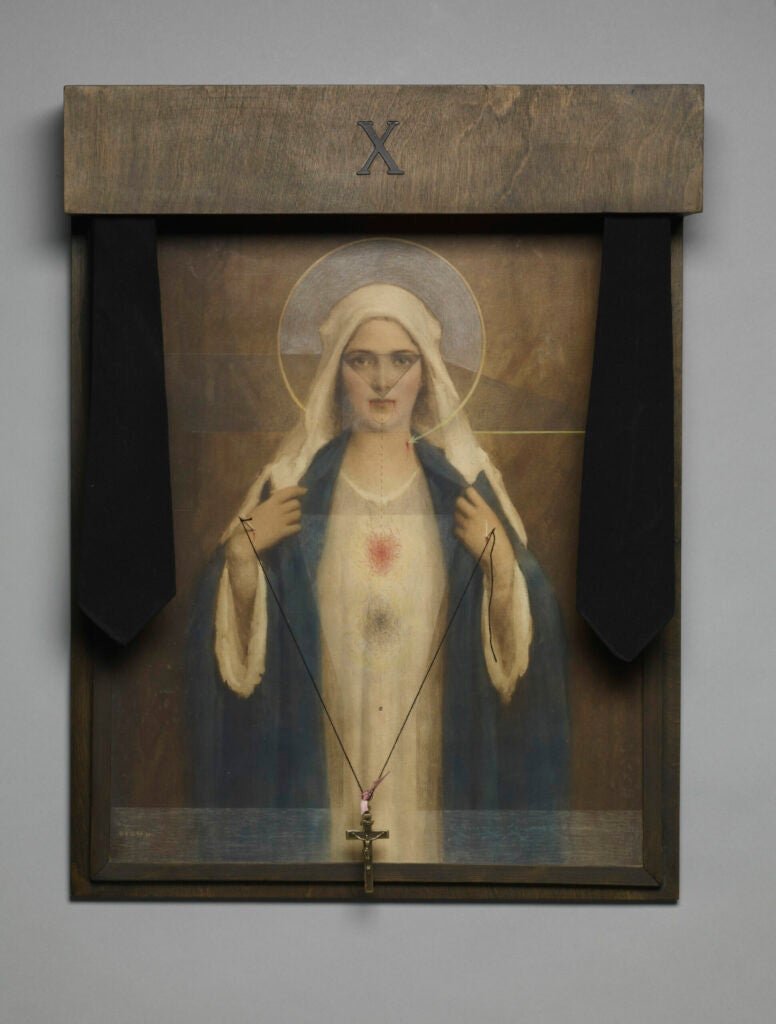 Chromolithograph, colored pencil, stained plywood, Plexiglas, metal crucifix, black thread, needles, and black neckties, framed by the artist. Jointly acquired by the J. Paul Getty Trust and the Los Angeles County Museum of Art; partial gift of The Robert Mapplethorpe Foundation; partial purchase with funds provided by the J. Paul Getty Trust and the David Geffen Foundation.