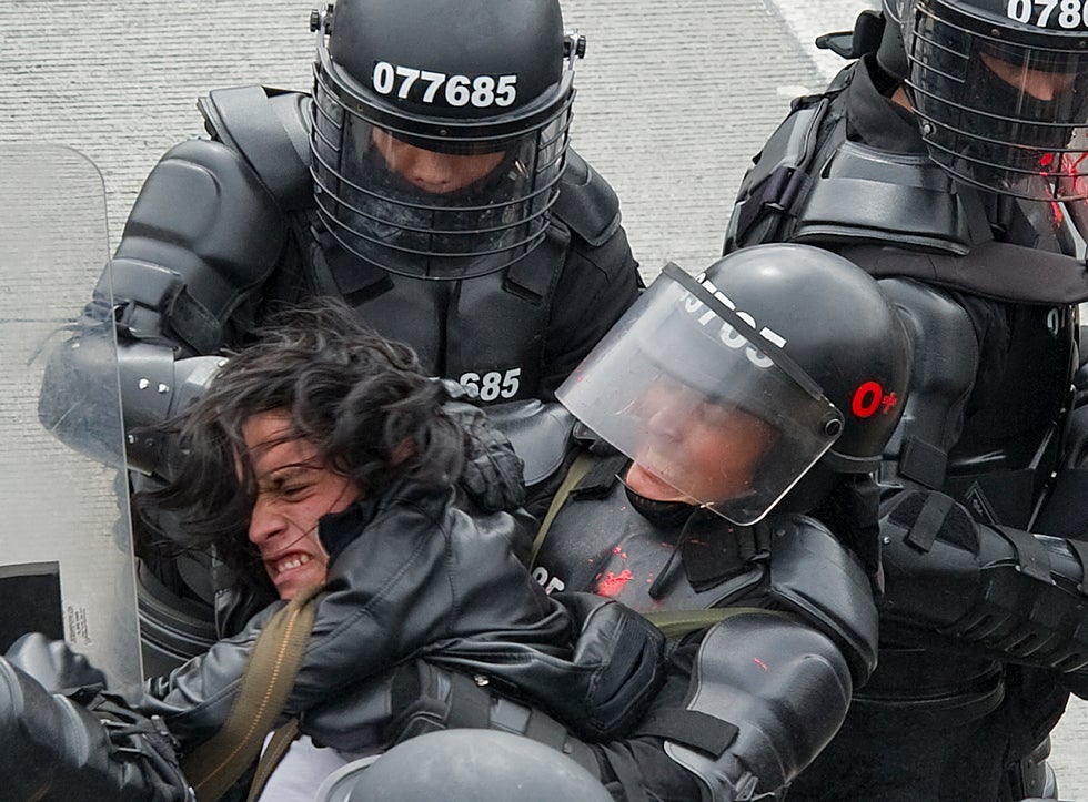 Riot police arrest a student protesting Columbia’s public transportation system during a clash in the city of Bogota. Luis Acosta, who made the image, is a Getty Images staffer covering the Columbian region.