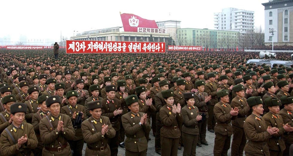 North Korean soldiers attend a rally celebrating the country's third nuclear test at the Kim Il-Sung Square in Pyongyang.