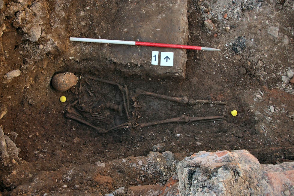 The skeleton of King Richard III is seen in a trench at the Grey Friars excavation site in Leicester, central England.