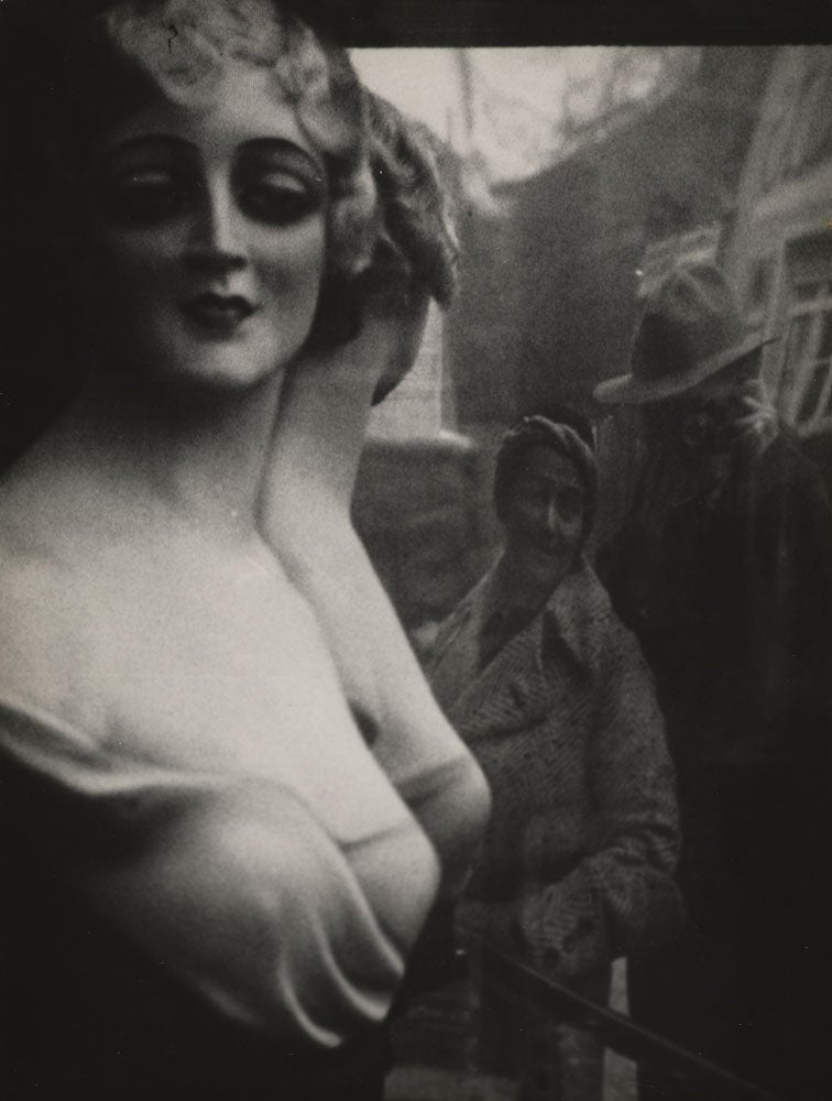 Lyonel Feininger, "Untitled (Mannequin in Beauty Shop Window and Reflection of Lyonel and Julia Feininger, Dessau)" 1932â33