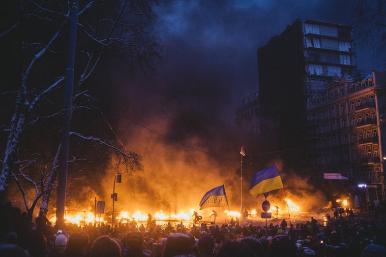 For a few days barricades on Hrushevskoho street were burning, Kiev, Ukraine, Jan. 23, 2014.