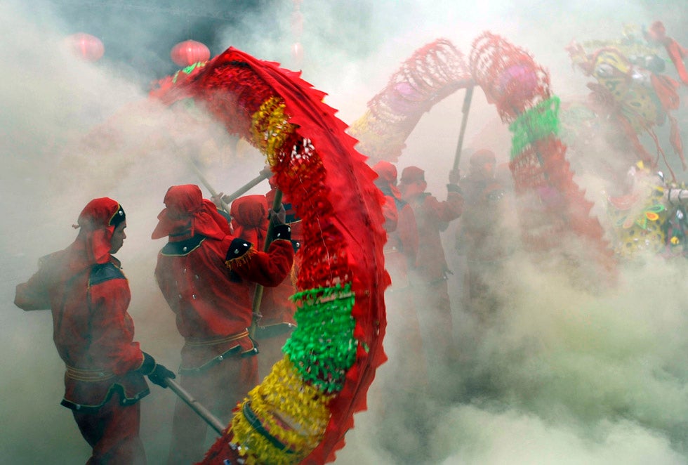 The Lantern Festival marks the end of the 15-day Chinese New Year celebration. Here, folk artists perform a dragon dance as part of the festivities in the Guizhou providence of China.