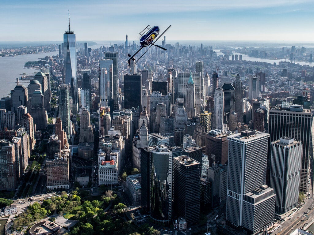 Redbull helicopter performing stunts over New York City