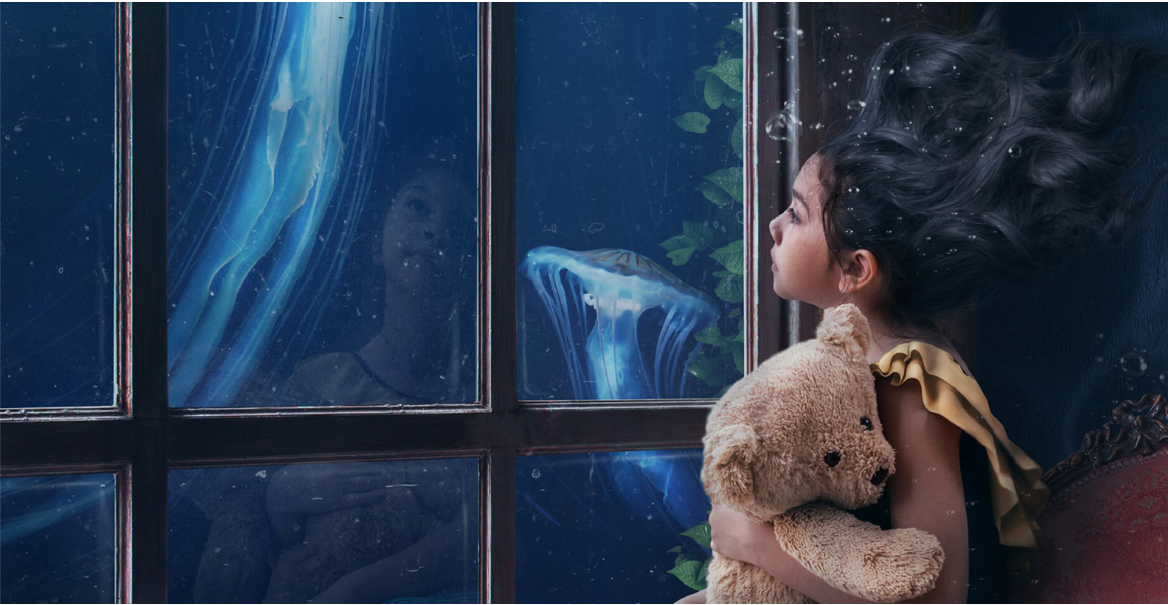 photo manipulation of little girl with floating hair with the ocean outside the window
