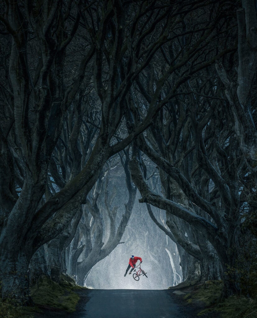 Senad Grosic jumping his bike in the Dark Hedges, Northern Ireland