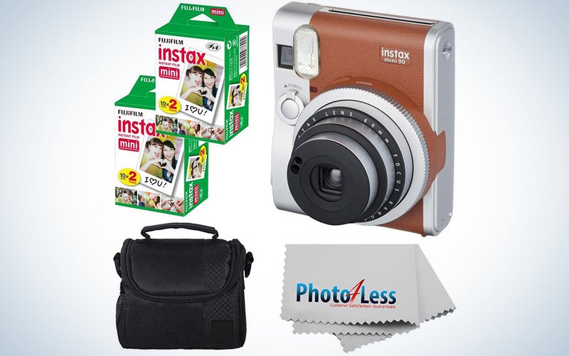 Fujifilm INSTAX Mini 90 Neo Classic Instant Camera (Brown) With 2x Fujifilm Instax Mini 20 Pack Instant Film (40 Shots) + Compact Camera Case + Cleaning Cloth - Instant Camera Bundle