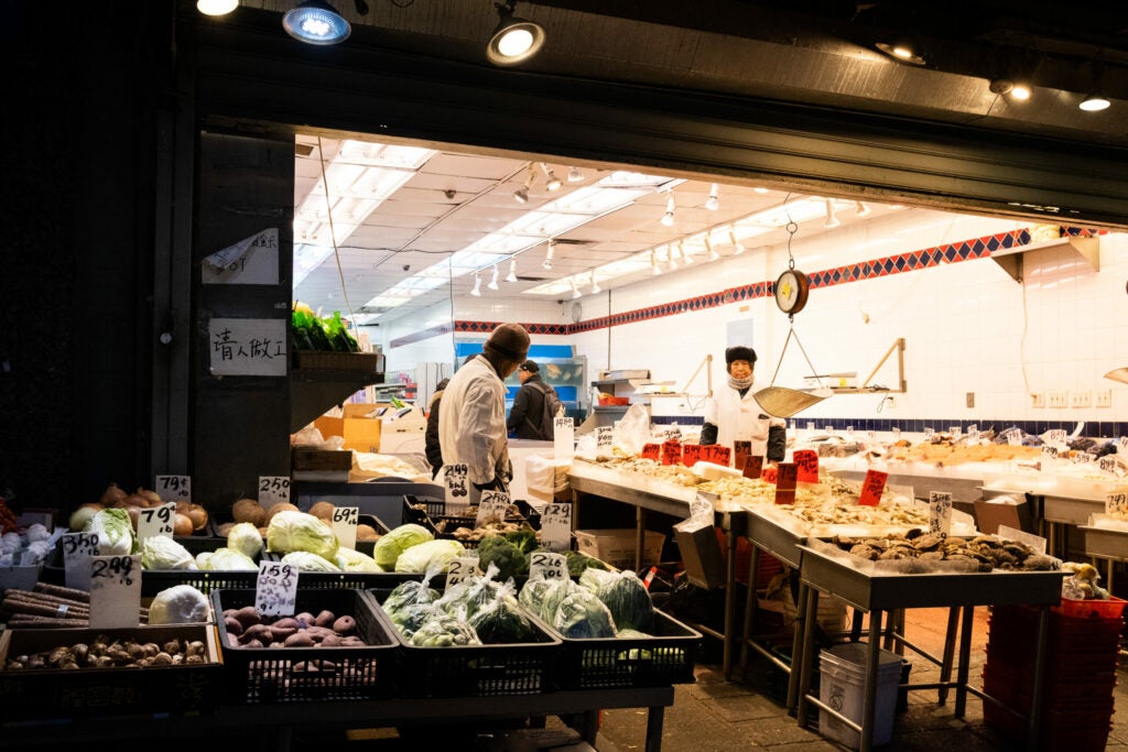 lit up market at night