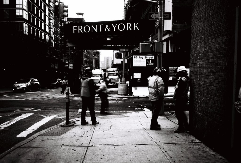 Front & York sign in black and white