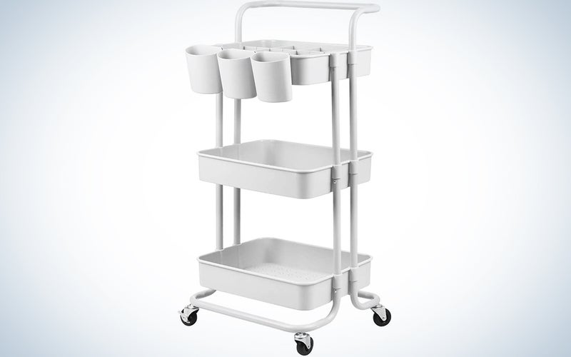 alvorog 3-Tier Rolling Utility Cart Movable Storage Organizer Shelves with Wheels and Hanging Cups Multifunctional Service Cart for Kitchen, Office, Coffee Bar-White