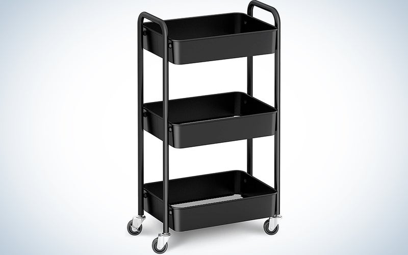 CAXXA 3-Tier Rolling Metal Storage Organizer - Mobile Utility Cart with Caster Wheels (Black)
