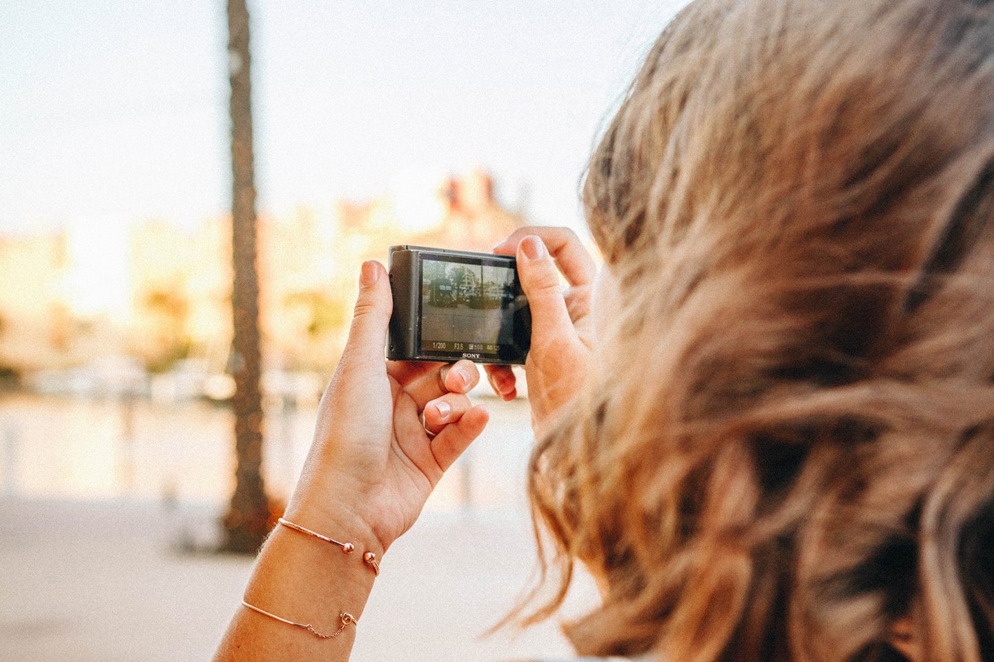 brunette woman holding a point-and-shoot camera outdoors