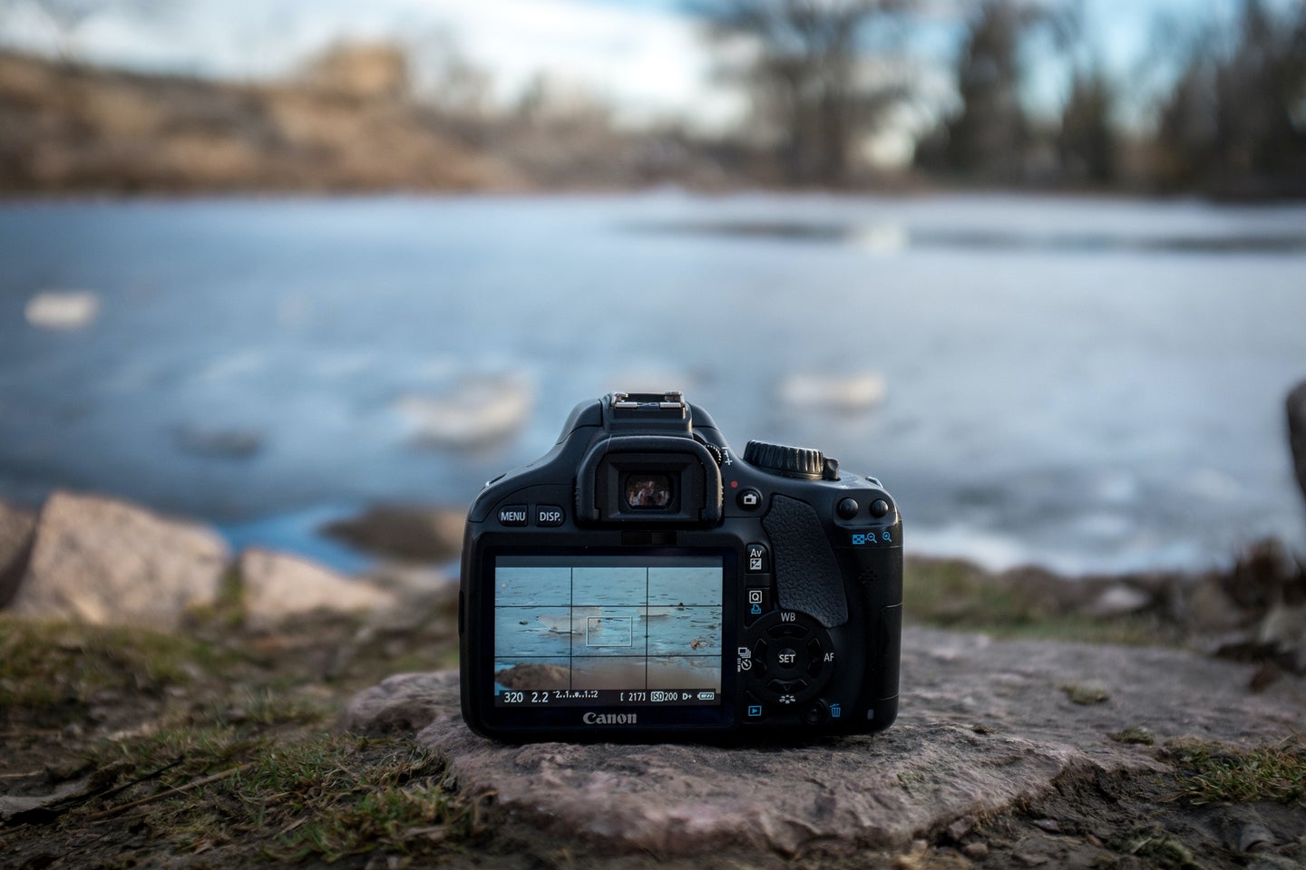 canon camera on a rock in front of a pond