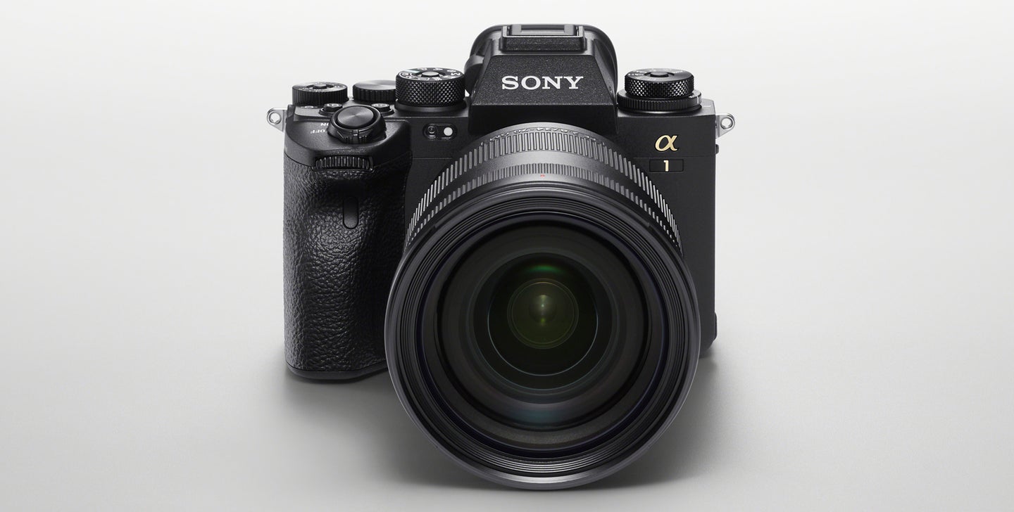 Sony Alpha 1 flagship mirrorless camera on white.