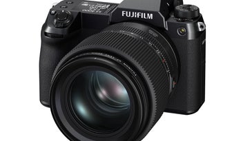 A front view of the Fujifilm GFX 100S camera with the new short portrait lens.