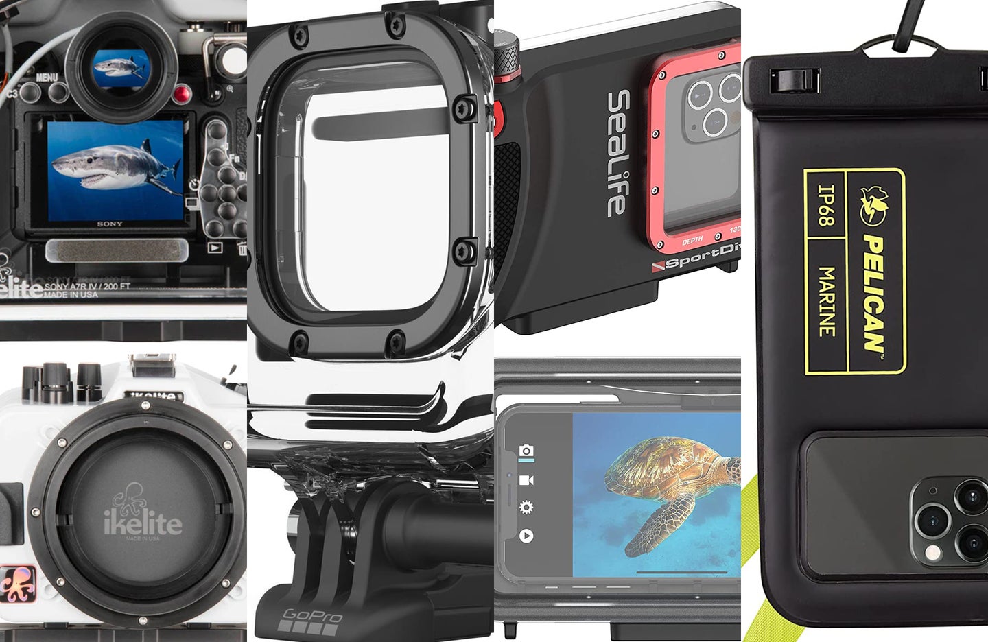 Various types of waterproof camera cases.