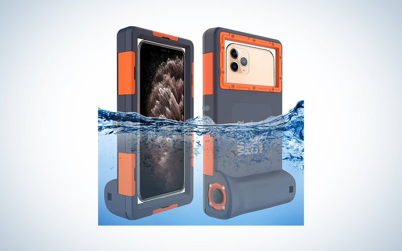 smartphone in an orange and grey waterproof case under water