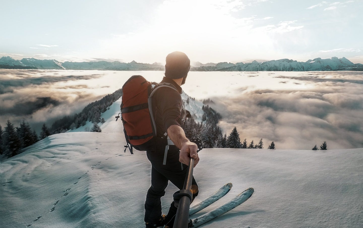 best selfie stick man on a mountain