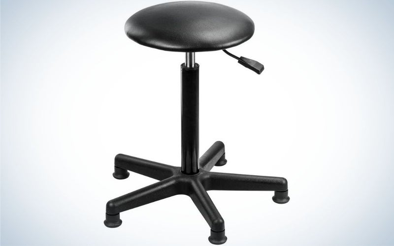 A black stool with cylinder black seat, with black lever under the seat stool and five pedestal feet on surface.