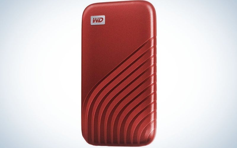 Red WD item with portable solid state drive.