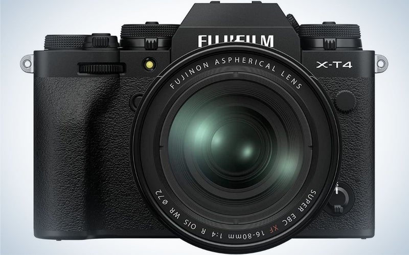 All black Fujifilm camera X-T4 from the front.
