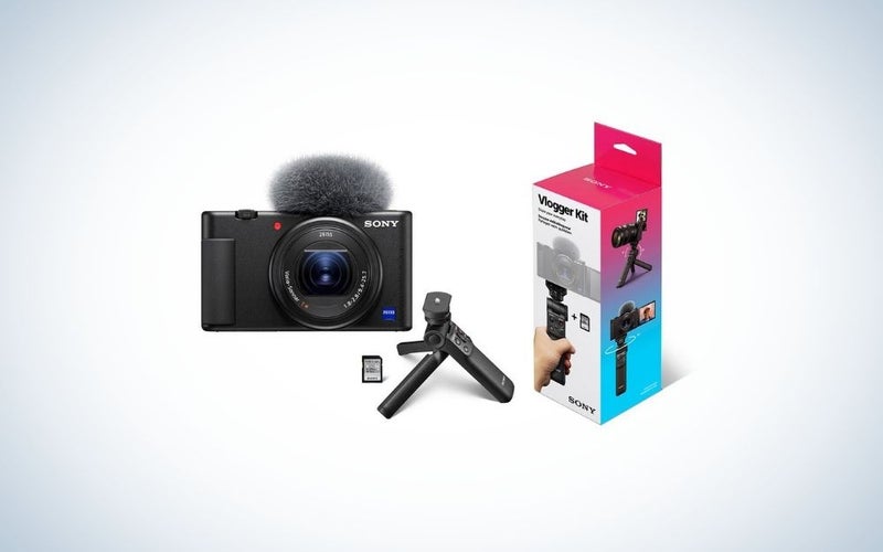 A black Sony camera with tripod for Father's Day gifts