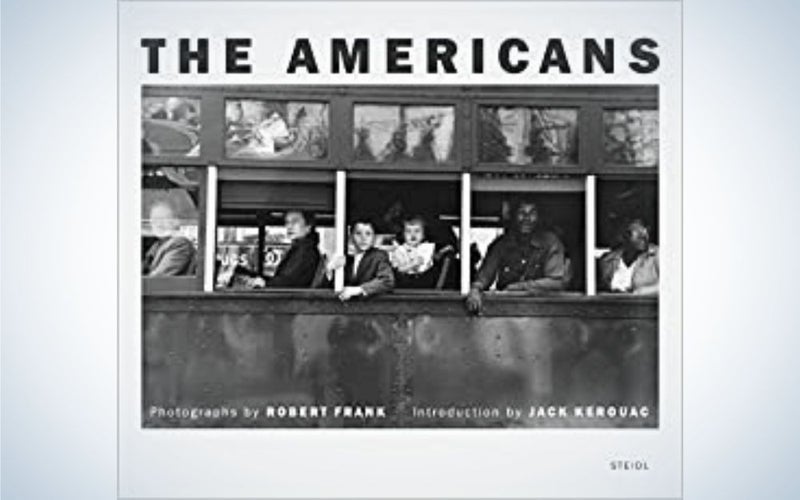 The black and white first page of the photobook called "The Americans" and a picture of people into train windows.