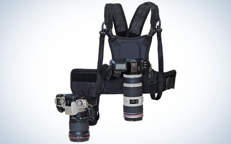 Black dual camera strap harness vest with mounting hubs, side holster, and backup safety