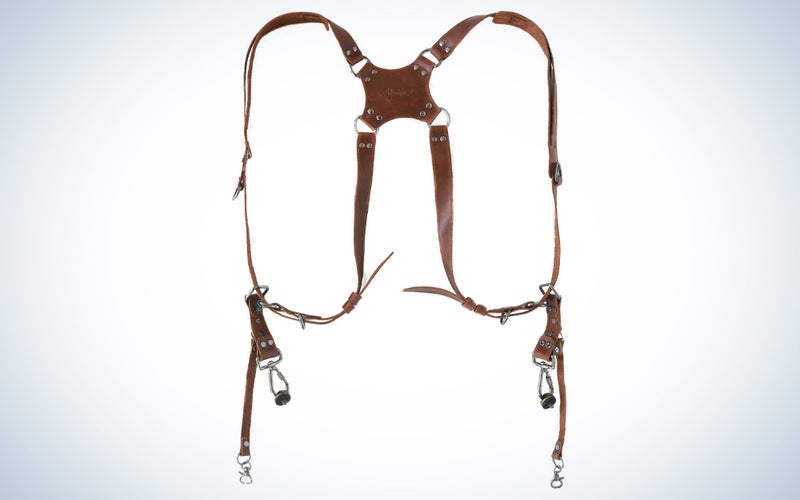 Brown, dual shoulder, leather camera harness for multiple cameras