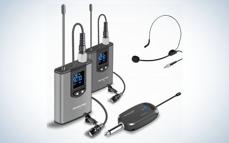 Gray, wireless headset lavalier microphone system