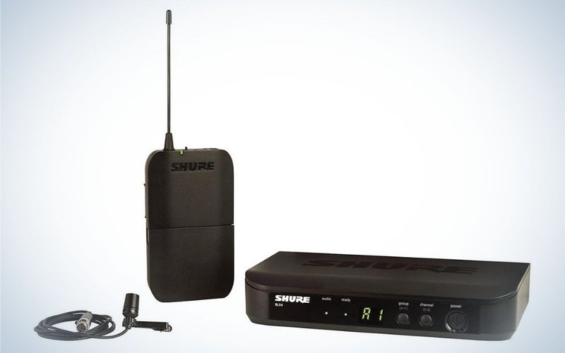 Black, wireless lavalier microphone system