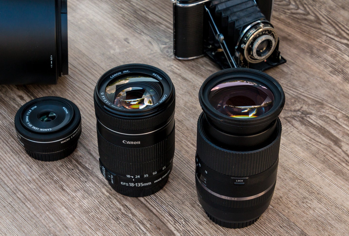 camera lenses on a table