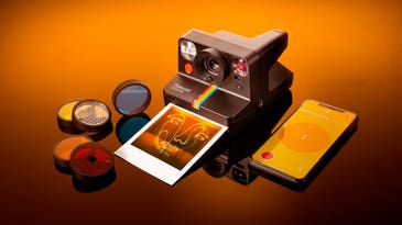 The Polaroid Now+ instant film camera connects to a smartphone via Bluetooth