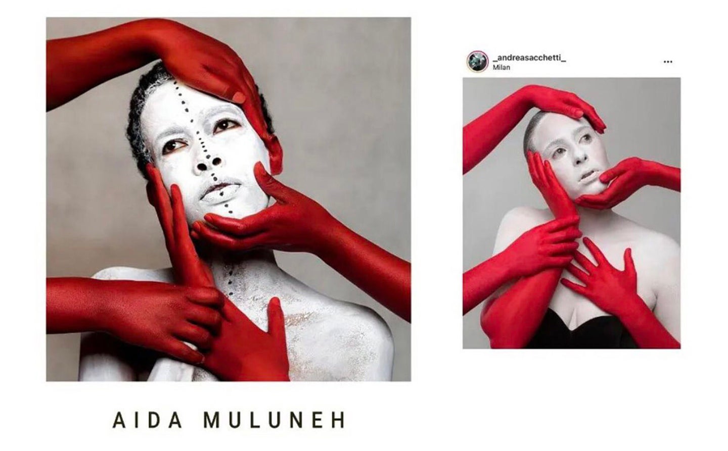 The image on the left is by acclaimed artist, Aïda Muluneh. The image on the right is by photography student Andrea Sacchetti, who has been accused of copying the former and showcasing it in a group exhibition.