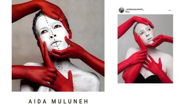The image on the left is by acclaimed artist, Aïda Muluneh. The image on the right is by photography student Andrea Sacchetti, who has been accused of copying the former and showcasing it in a group exhibition.