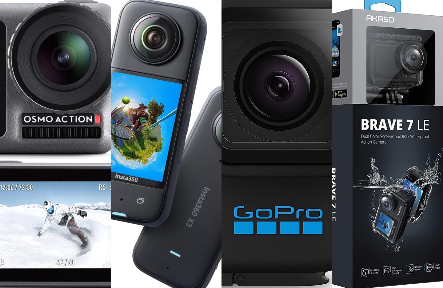 Four images of different action cameras sliced together