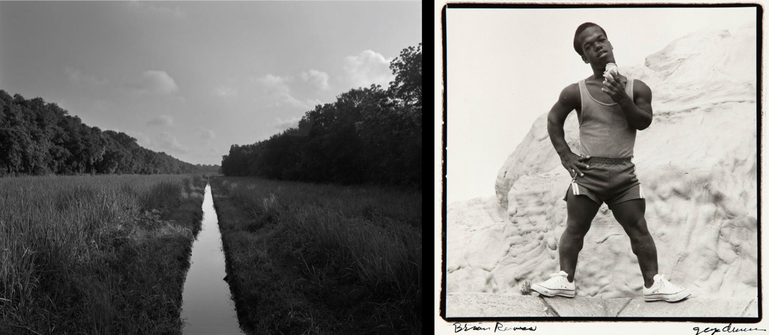 Above left: “Irrigation Ditch,” by Dawoud Bey, 2019. Gelatin silver print. 44 x 55 inches (image), 48 x 59 inches (dimensions of paper). © Dawoud Bey. Above right: “Brian Reeves,” by George Dureau. Vintage silver gelatin print, 10 x 8 inches.