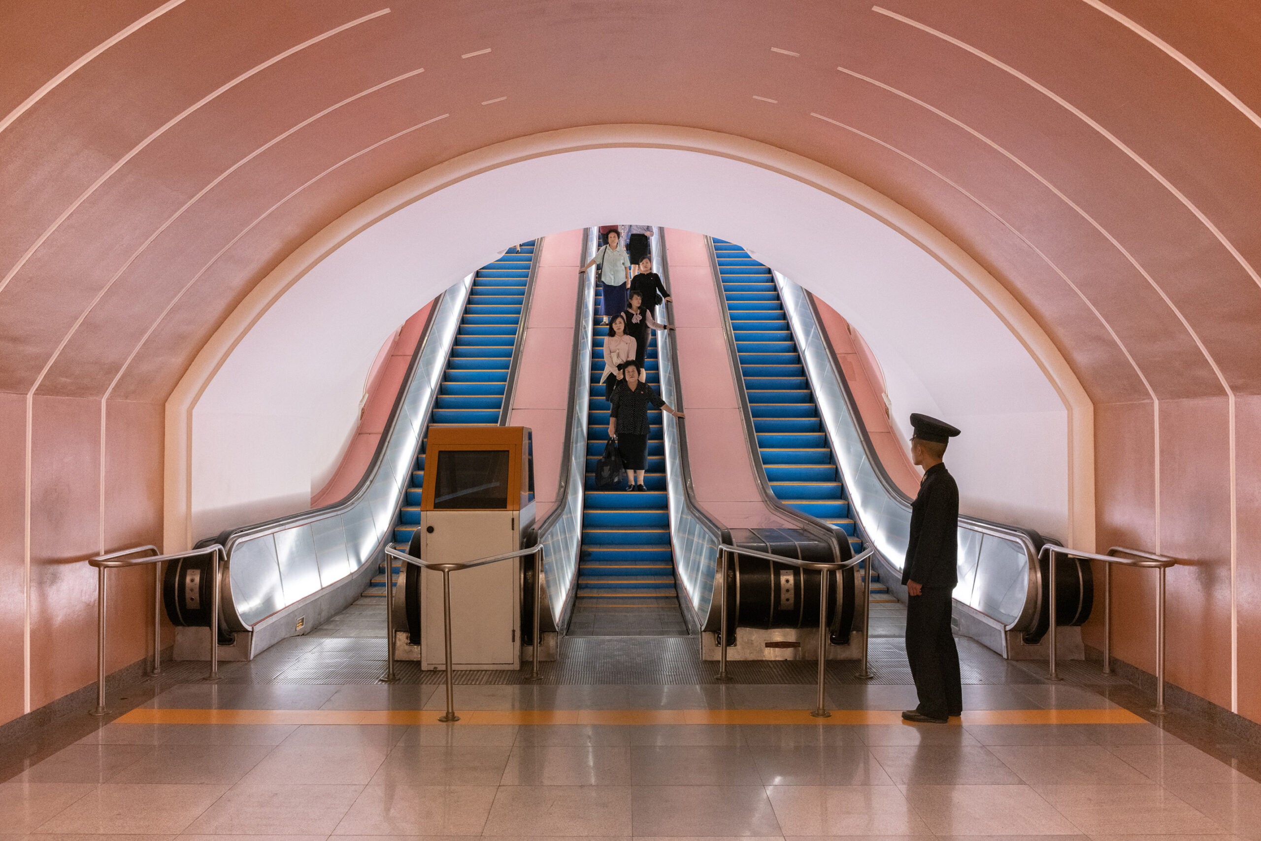 An escalator in Kaeson metro station, Pyongyang, North Korea.