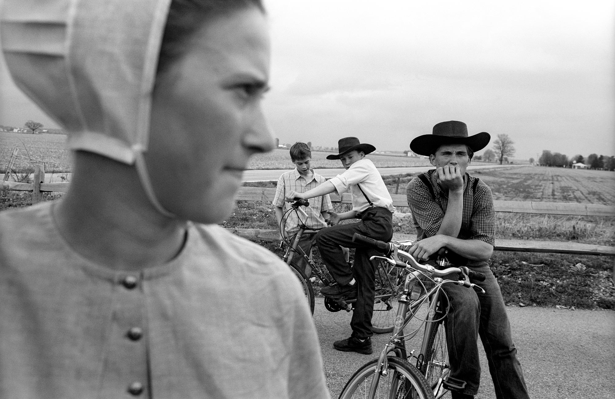 Old German Baptist youth take a rest after a bike ride in Ohio.